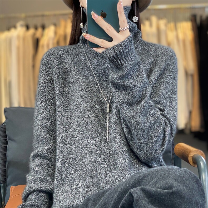 2025年秋季时尚百搭他简约休闲花灰高领平面羊毛衫,女装羊毛衫,丽特绒