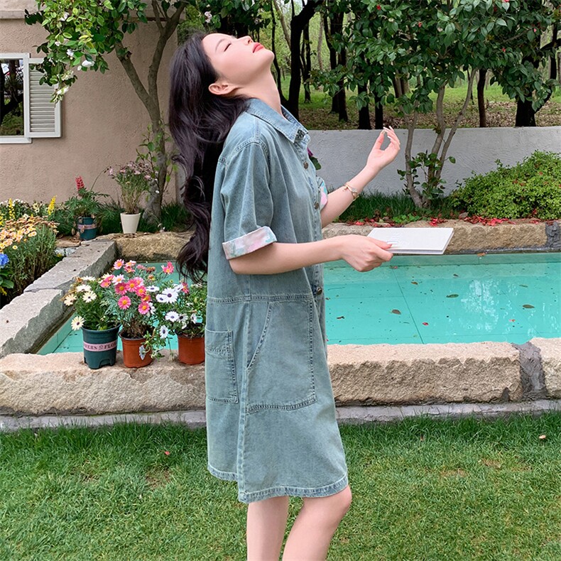 POLO领牛仔连衣裙女夏2024年新款港风宽松显瘦小个子减龄连衣裙,女装连衣裙,辉之琳