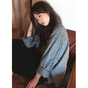学院风蓝色格子衬衫女早秋流行穿搭字母刺绣衬衣外套上衣 CV3052图片