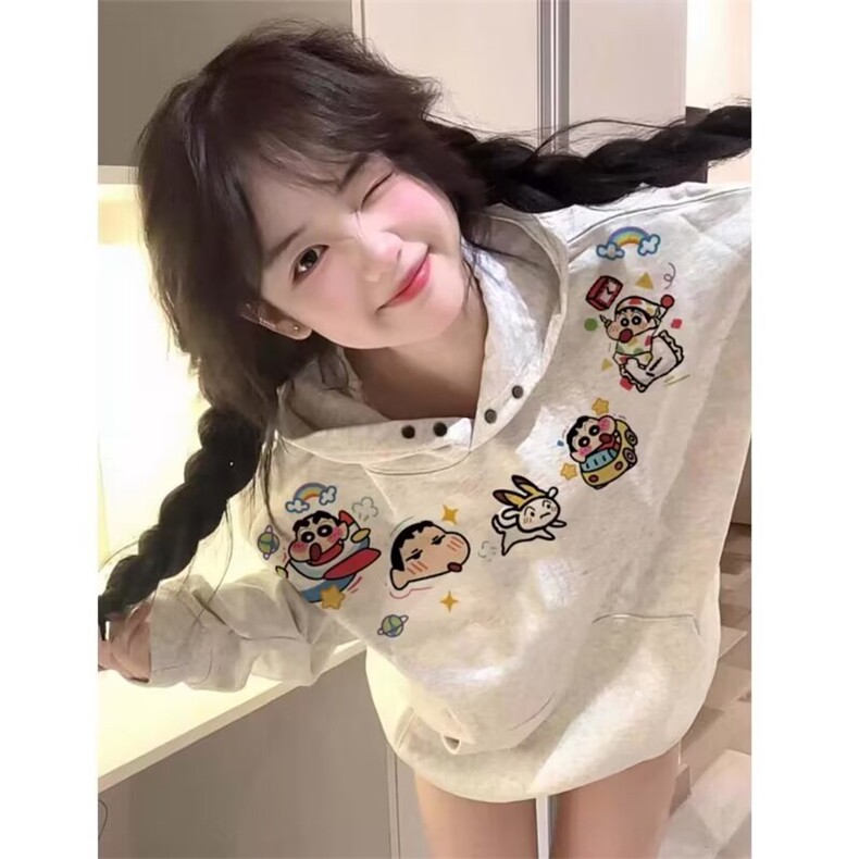 趣味蜡笔小新刺绣纽扣连帽卫衣女秋冬2025新款休闲宽松高级感上衣,男装卫衣,星座506A