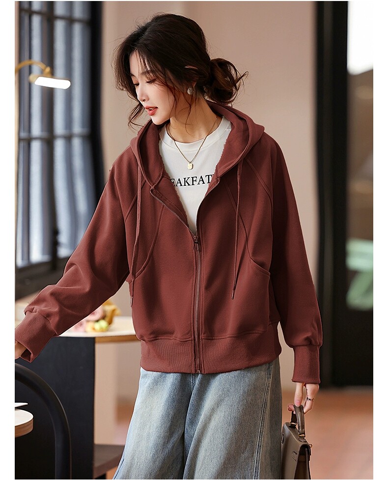 2025新款韩版休闲宽松慵懒风橘红色连帽卫衣开衫外套女秋，女装卫衣/绒衫，鑫火火