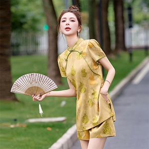 新中式风提花套装女2026夏新款盘扣短袖上衣显瘦高腰短裤两件套图片