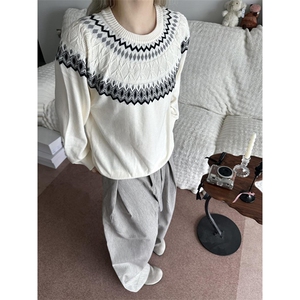 重磅秋冬装北极绒套头毛衣美式复古休闲慵懒风提花工艺针织衫外套图片