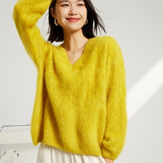 秋冬季羊绒休闲百搭时尚V领扭花拉绒羊绒衫，女装羊绒衫，英集羊绒