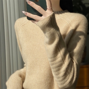 100%纯羊毛插肩袖针织打底衫女无缝套头宽松加厚保暖内搭毛衣新款图片