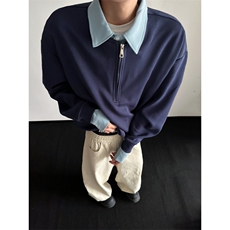 WY810-尺码M-3XL-P50-撞色衬衫领假两件cleanfit套头半拉链卫衣，男装衬衫，星座1811B