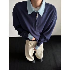 WY810-尺码M-3XL-P50-撞色衬衫领假两件cleanfit套头半拉链卫衣图片