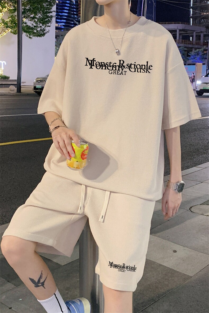 ！2025夏季新款男士印花华夫格短袖套装学生一套HTZ121P50,男装T恤,电商B220