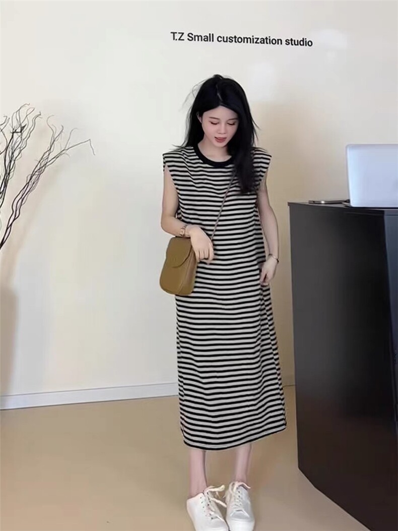 时尚优雅条纹圆领无袖连衣裙修身显瘦,女装连衣裙,琳华羊绒