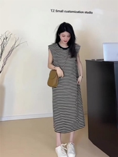 时尚优雅条纹圆领无袖连衣裙修身显瘦，女装连衣裙，琳华羊绒