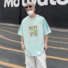 抖音得物品质二开240克宽松纯棉美式潮牌印花三条杠中性风短袖T恤，男装T恤，电商A486