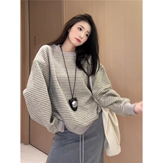 [004]条纹圆领无帽长袖卫衣女秋季新款韩系宽松A079-T507-P42，男装卫衣，电商A079