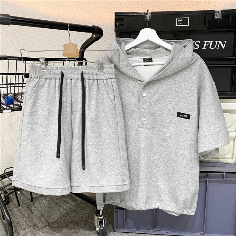 夏季凉感连帽运动套装男宽松太空棉短袖五分短裤两件套TZ555P95，男装休闲套装，星座1013-5