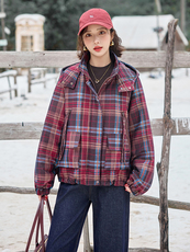 水衣源2904款牛仔格纹连帽宽松加厚加棉短款洋气时尚外套女，女装棉衣/棉服，水衣源