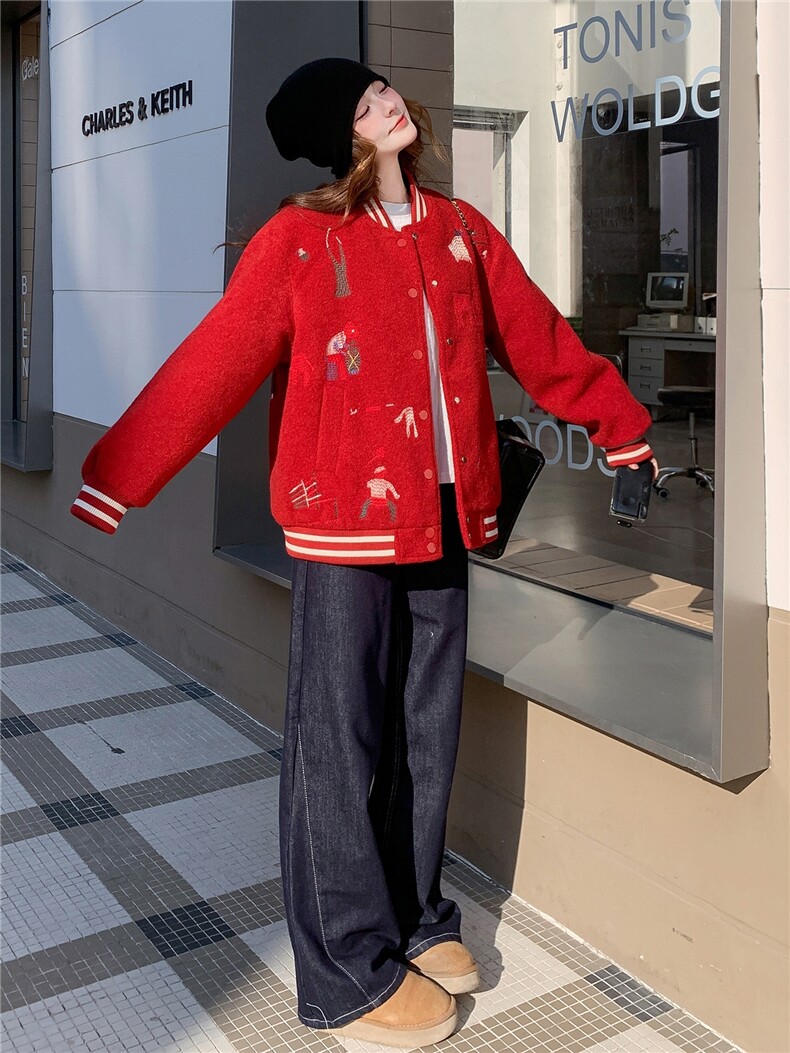 2025红色休闲韩系条纹棒球服外套女毛绒绒冬季羽绒服保暖上衣新款,女装羽绒服,艾米莉亚