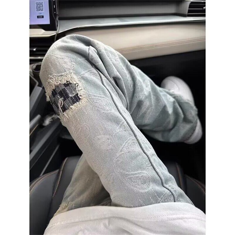 腰果花满印补丁破洞牛仔裤男潮牌痞帅炸街裤子cleanfit窄版直筒裤,男装牛仔裤,星座410-7