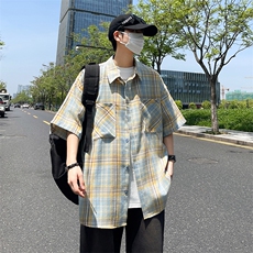文艺格子衬衫男士短袖韩版潮流2024秋夏新款ins宽松外套CY807-P34，男装衬衫，星座412-3