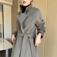 2025秋冬新款西装领系带纯羊毛长款毛呢外套女赫本风双面羊绒大衣，女装双面呢大衣，赛欧妮