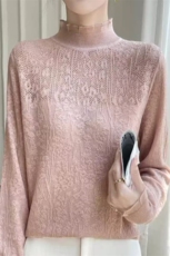 法式甜美蕾丝钩花长袖针织打底衫女半高领毛衣宽松外穿木耳领上衣，女装针织衫/毛衣，萱芳婷羊绒