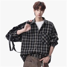 衬衫男春季新款港风宽松大码磨毛格子长袖衬衣CS550-P38，男装衬衫，星座214-3