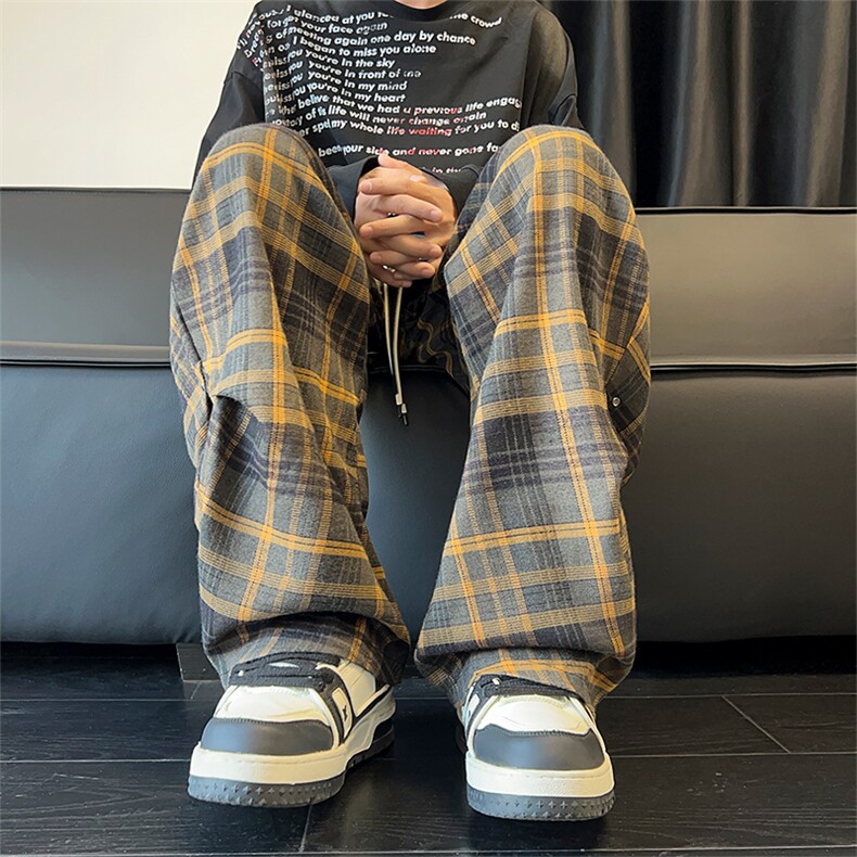 复古格子裤秋季褶皱伞兵休闲裤直筒拖地裤A486特P45控68图片