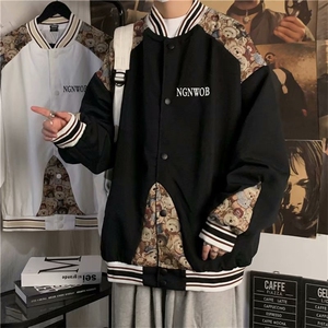小熊印花拼接外套男高街潮宽松休闲情侣棒球服夹克上衣 W1631-P52图片