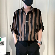 条纹衬衫男士短袖夏季冰丝男装痞帅V领七分中袖衬衣CA6725，男装T恤，星座1116A（原606A-3）