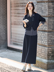 时尚套装女2025秋新款减龄假两件衬衫拼接马甲垂感半身裙两件套，女装套装/套裙，流量+