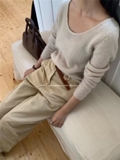 秋冬U领纯色长袖内搭毛衣女宽松显瘦针织打底套衫，女装针织衫/毛衣，半城羊绒