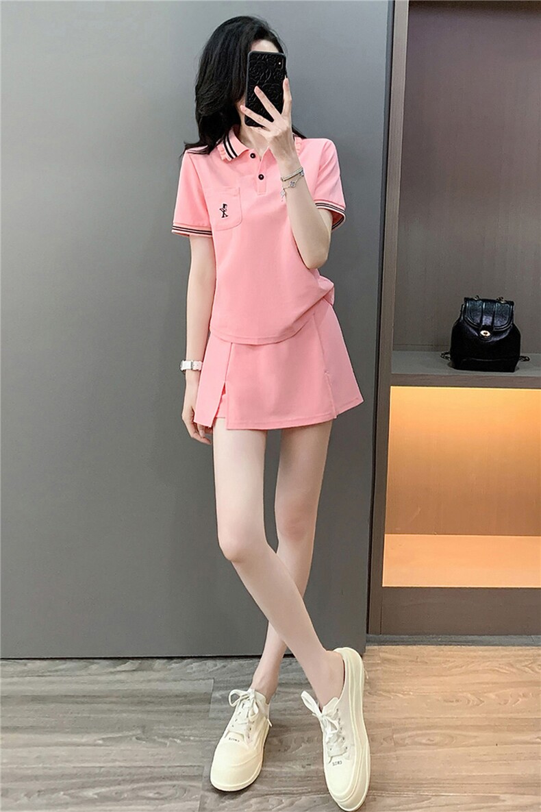 学院风时尚简约套装裙女夏新款修身显瘦Polo领短袖T恤裤裙两件套,女装套装/套裙,江南