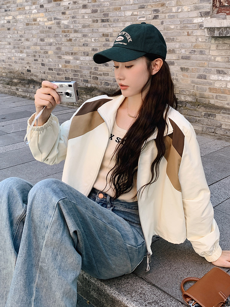 米白色休闲时尚撞色拼接外套女2025春季新款小个子设计感宽松夹克,女装短外套,鑫慧