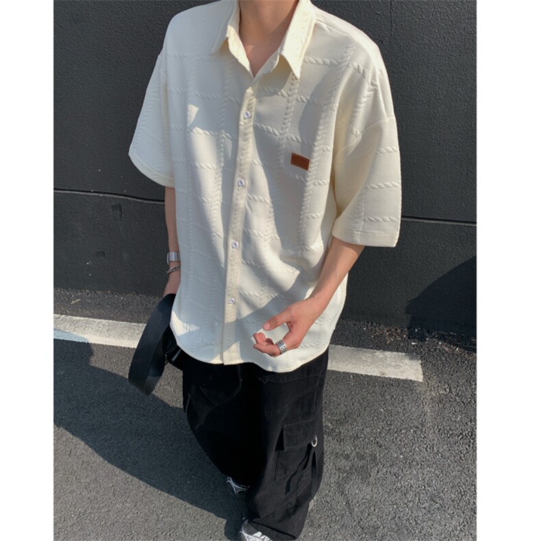 2026夏短袖格子衬衫大码男纹理提花衬衣薄外套CS580/特P35杏色2,男装衬衫,电商A094