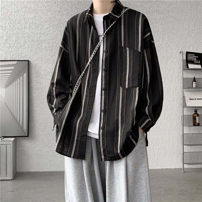 CS4020-P55新款条纹长袖衬衫oversize宽松男士大码衬衣休闲外套,男装衬衫,电商B280-1（原A049）
