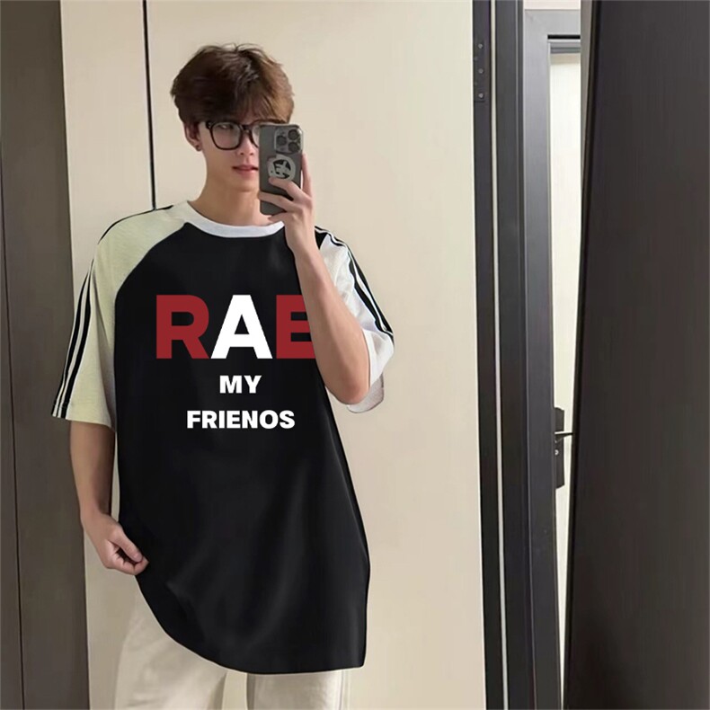 抖音得物品质二开240克宽松纯棉美式潮牌插肩三杠织带短袖T恤，男装T恤，电商A486