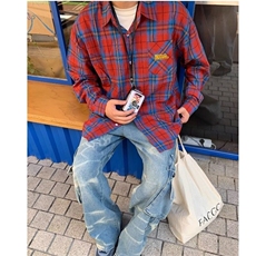 美式复古绿色格子衬衫男女宽松设计感上衣休闲长袖衬衣外套春秋，男装衬衫，星座506A