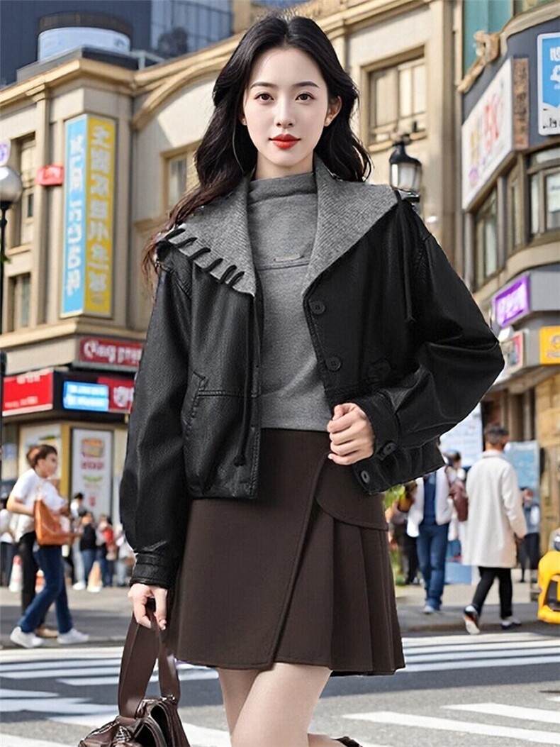 现货休闲时尚针织拼接皮衣外套,女装皮衣,韩蔻秀