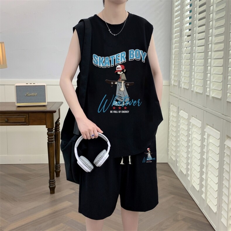 夏季无袖背心t恤套装冰丝透气港风宽松青少年潮男装DF329P60控78,男装休闲套装,电商A086
