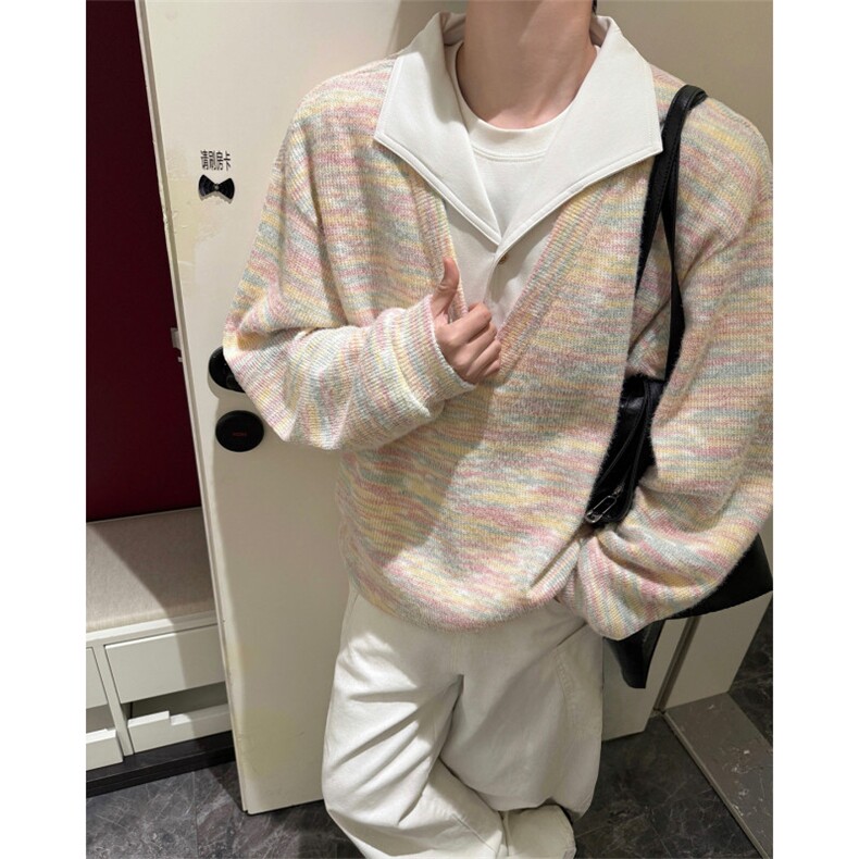 美式男士卫衣慵懒风彩点假两件翻领毛衣外衣宽松休闲针织衫，男装针织衫/毛衣，电商B319