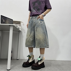 美式复古阔腿五分牛仔短裤男女夏季宽松休闲直筒中裤D07888-P48，男装牛仔裤，星座308B-1