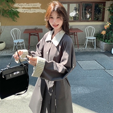 灰色休闲撞色拼接风衣外套女2025春季新款设计感系带中长款大衣潮，女装风衣，纯色衣恋