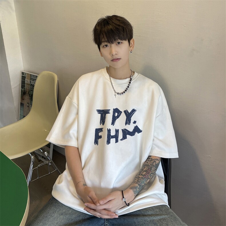 麂皮重磅短袖t恤男生夏季字母印花学生潮牌宽松圆领五分半袖衣服,男装T恤,电商B371