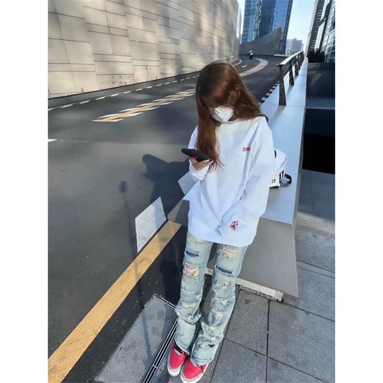 网图有货小火苗刺绣卫衣男女高街情侣宽松长袖t恤上衣A872-P35,男装T恤,星座1505