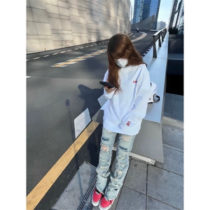 网图有货 小火苗刺绣卫衣男女高街情侣宽松长袖t恤上衣 A872-P35图片