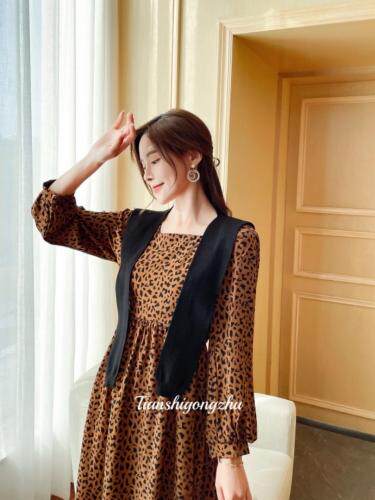 绒豹纹带披肩连衣裙，女装连衣裙，天使公主