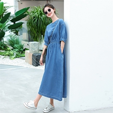 海军领披肩牛仔连衣裙女夏季薄款2025新款抽绳宽松显瘦休闲长裙子，女装连衣裙，星期衣