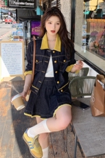 2C085-Q068P180主推牛仔撞色外套+百褶裙套装控258，女装套装/套裙，2C085