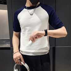 夏季新款冰丝针织短袖T恤男修身时尚社会条纹半袖打底衫M866，男装T恤，星座1116A-2（原606A-1）