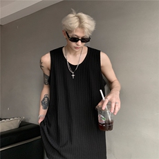 主推冰感慵懒风坑条坎肩纯色情侣背心无袖T恤汉衫男女H963特P23，男装T恤，电商A341