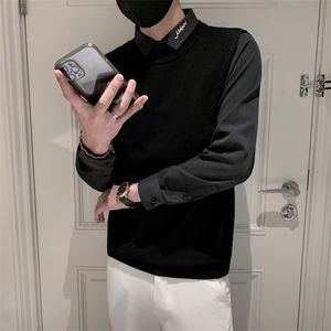 毛衣男士秋季新款打底衫修身长袖假两件青少年简约衬衫领针织衫图片
