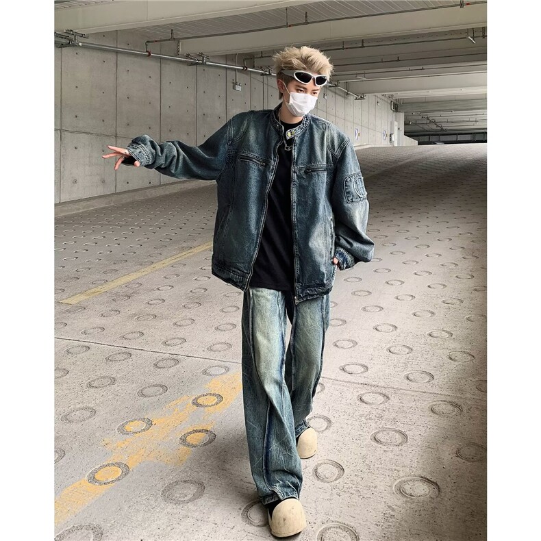 潮牌刺绣夹克美式复古做旧水洗质感立领宽松休闲牛仔外套-NC936,男装工装外套,星座1002-2